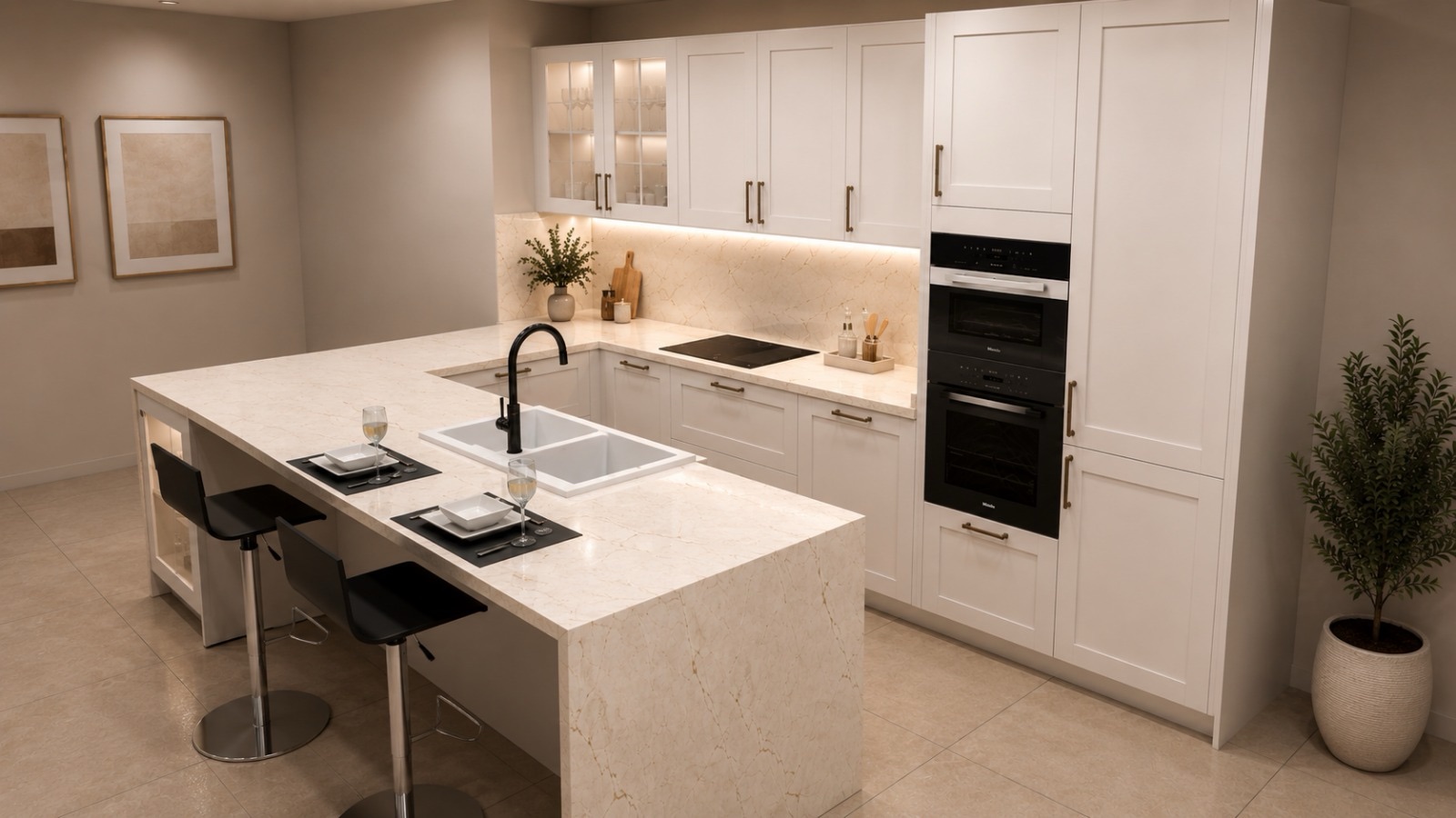 Cocina de la exposición de Vives Tien21 en Jávea: muebles blancos, península con encimera de piedra clara y hornos Miele en columna