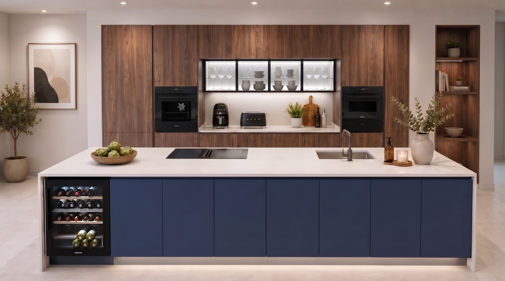 Segunda cocina de la exposición de Vives Tien21 en Jávea: columnas en nogal con dos hornos, isla azul con encimera blanca, placa con extractor integrado y vinoteca